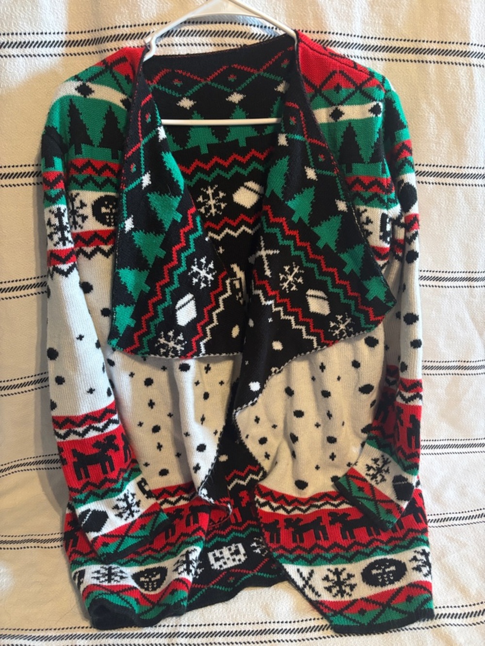 Cozy Holiday Open Front hockey player Cardigan - Red, Green, Black, White